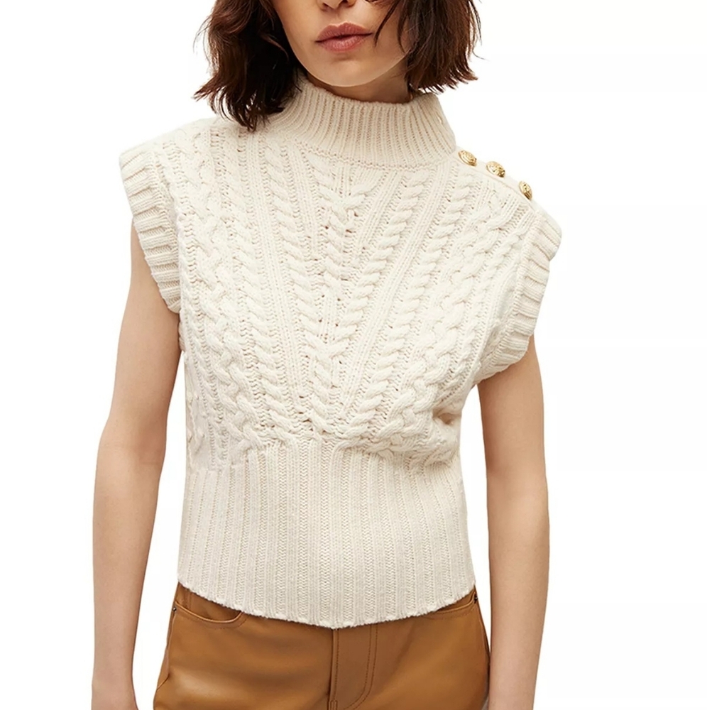Veronica Beard Holton Button-Embellished Cable-Knit Wool Vest